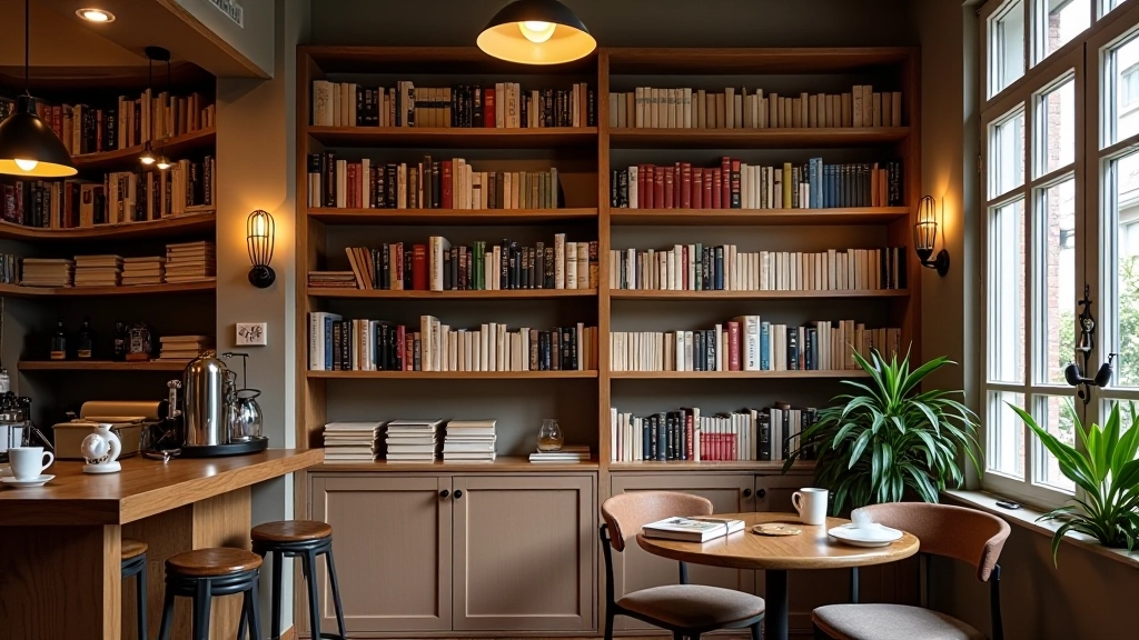Bookshop café shelves with literature and comfortable reading nook