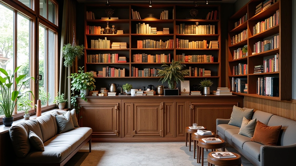 Bookshop café with shelves of books, cozy reading nooks, and café seating integrated into the space