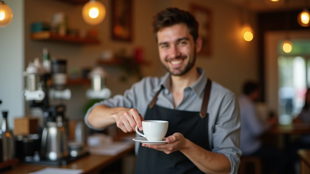 Barista pouring coffee behind café counter with friendly demeanor, warm café environment visible in background