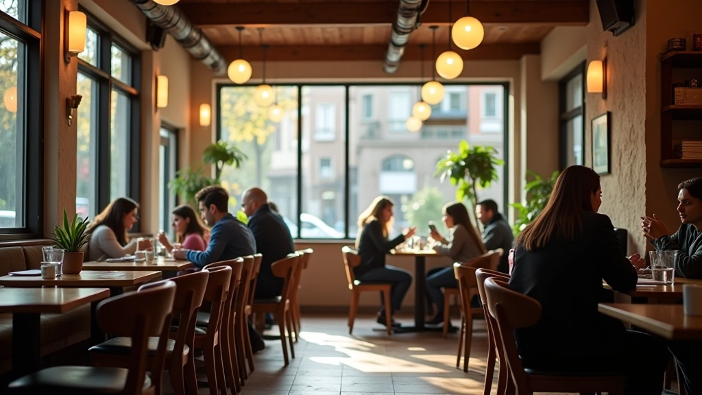 Café with natural daylight from large windows and warm overhead lighting creating a balanced atmosphere