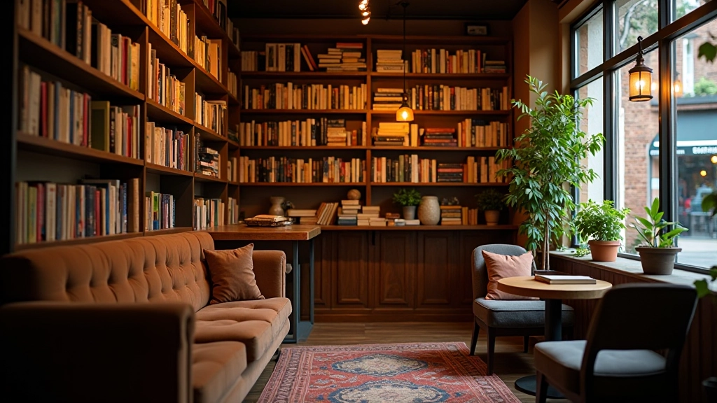 Cozy bookshop café interior with warm lighting, comfortable seating, and shelves of books creating an inviting atmosphere for reading and relaxation
