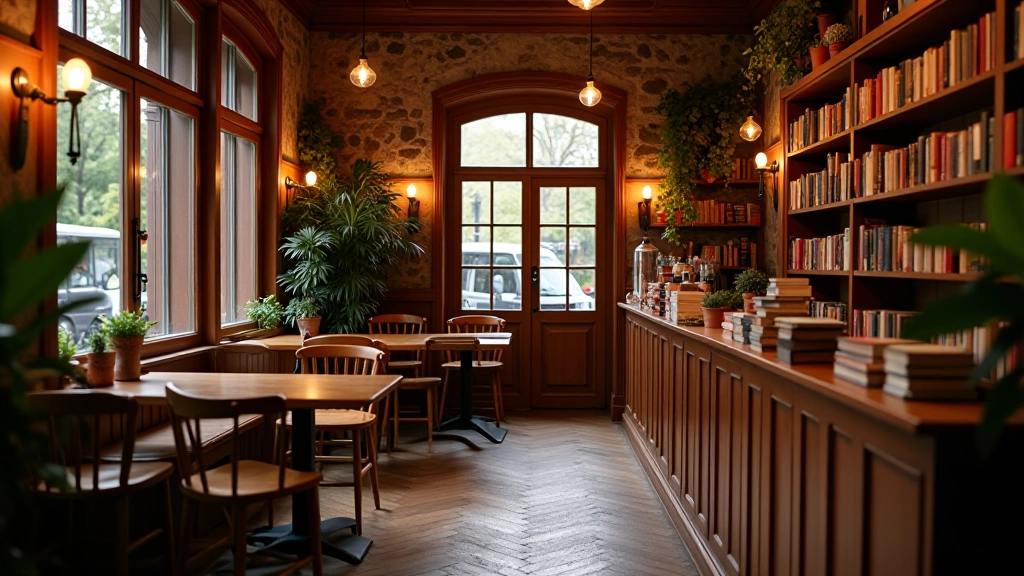 Cozy bookshop café interior with warm lighting and comfortable seating