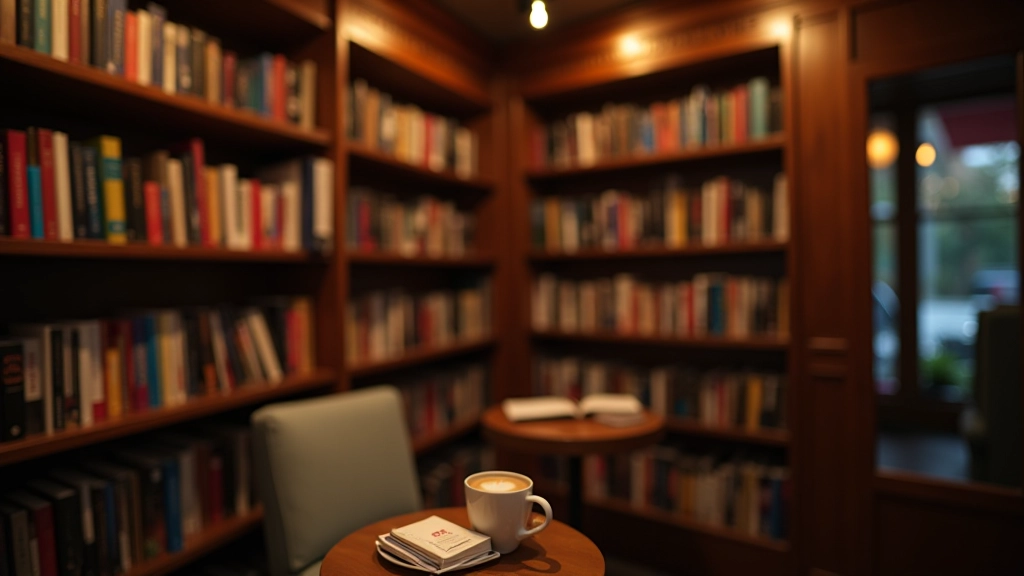 Shelves of books displayed in a cozy café setting with warm ambient lighting and comfortable reading corners