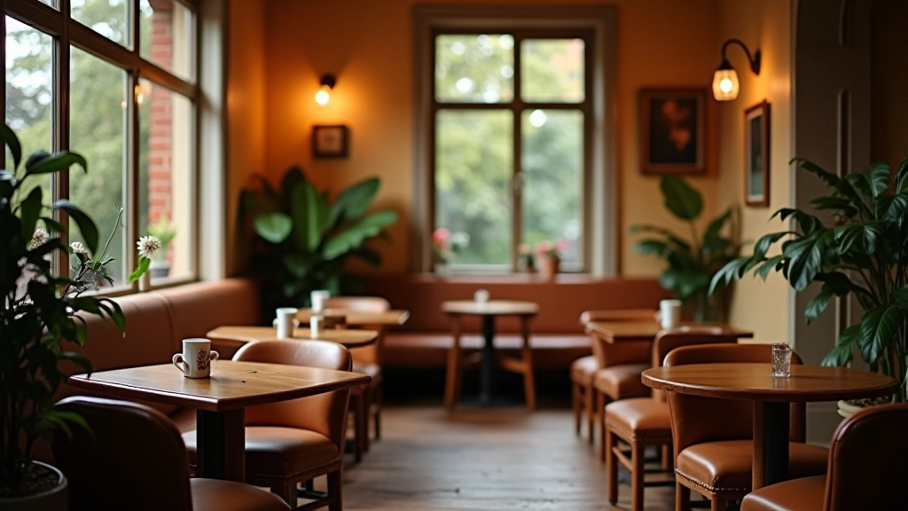 Interior of a cozy café with comfortable padded seating, wooden tables, and warm ambient lighting