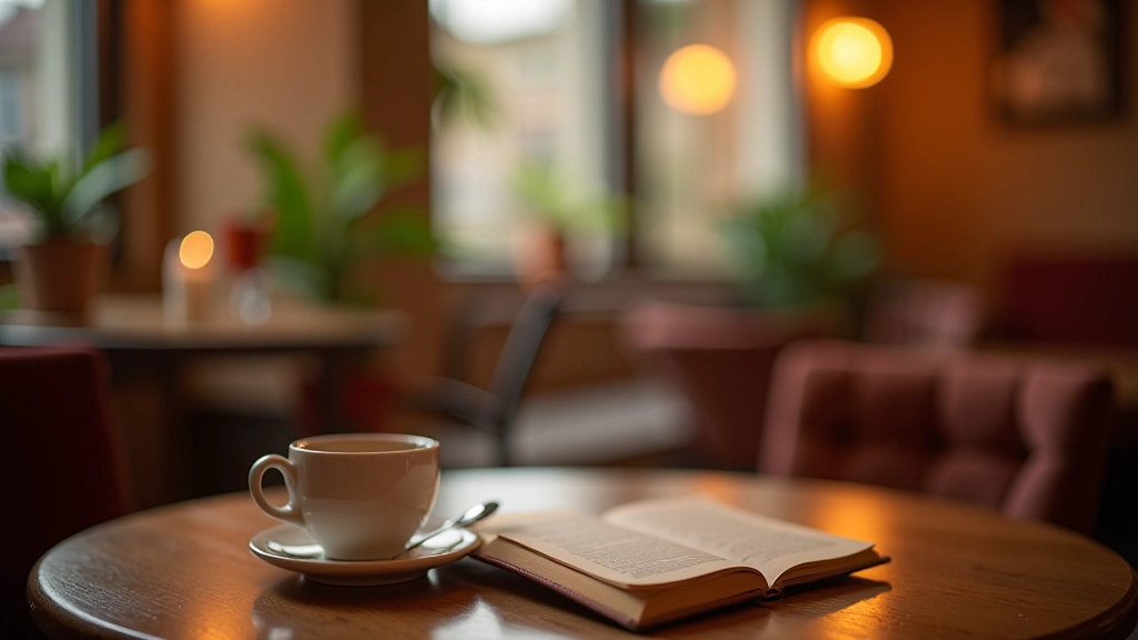 Cozy café setting with warm lighting, comfortable seating, and a cup of Turkish tea on wooden table