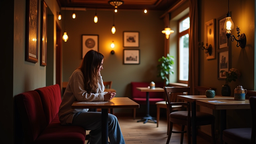 Cozy café with warm lighting, comfortable seating, and a relaxed ambiance for reading and unwinding