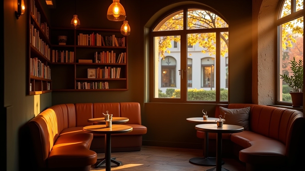 A warm and inviting Turkish café with soft lighting and comfortable seating arrangements