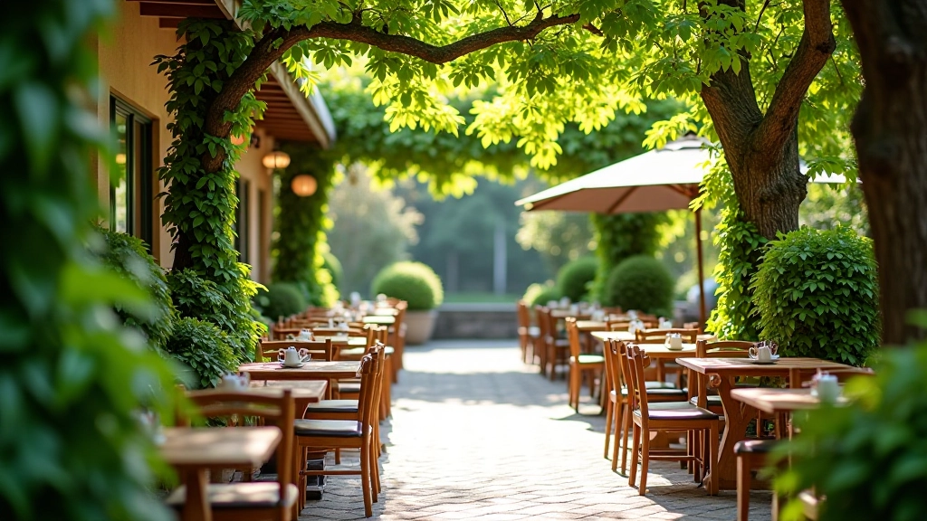 Garden terrace café with green plants, outdoor seating, natural shade from trees, and peaceful atmosphere