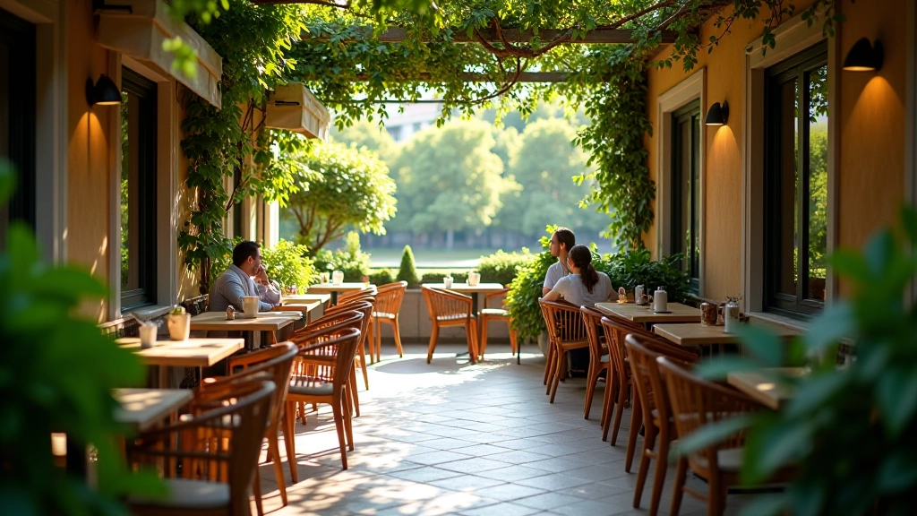 Garden café terrace with lush green plants, comfortable seating areas, soft dappled sunlight, customers reading and relaxing at tables