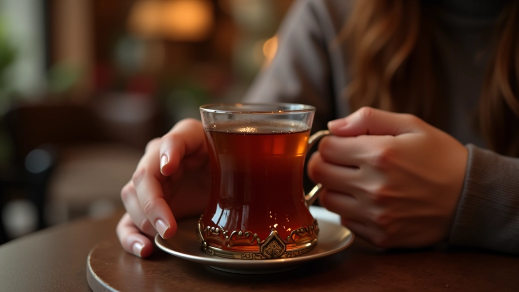 Close-up of hands holding traditional Turkish tea glass with ornate metal holder, warm afternoon light streaming through café window