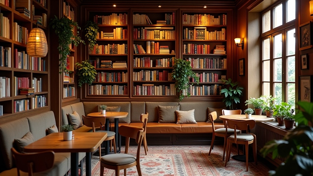 Interior of a bookshop café with shelves of books and cozy reading nooks