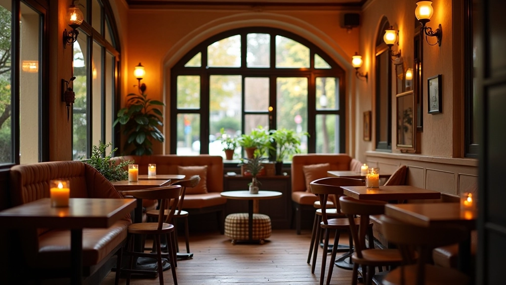 Interior of a comfortable café with warm lighting and inviting seating arrangements