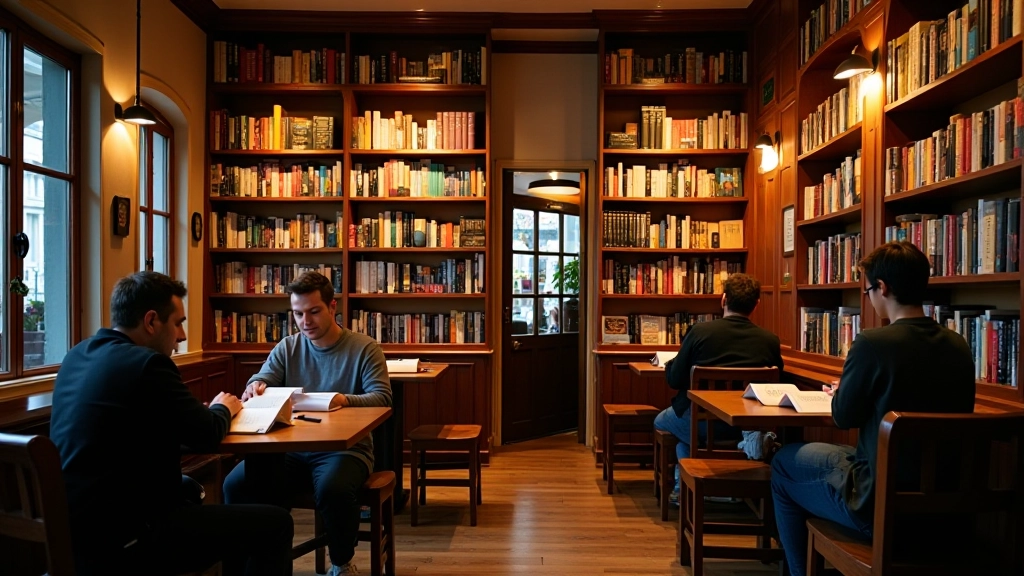 Bookshop café with reading area and warm ambiance