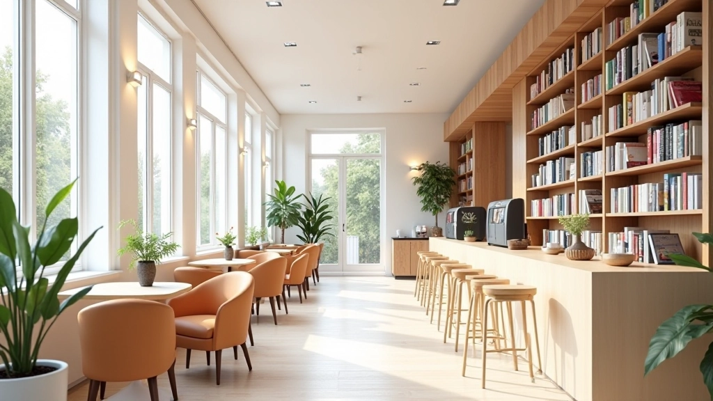 Modern bookshop café with contemporary design, featuring minimalist shelving, natural light from windows, and spacious reading areas with comfortable seating