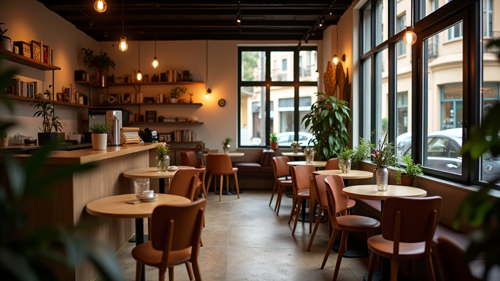 Modern café interior with comfortable seating, warm lighting, and welcoming atmosphere