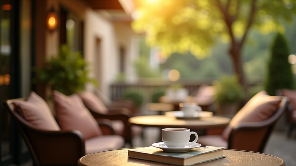 Outdoor bookshop café seating area with comfortable chairs overlooking a scenic view, soft afternoon light, and a relaxed reading atmosphere