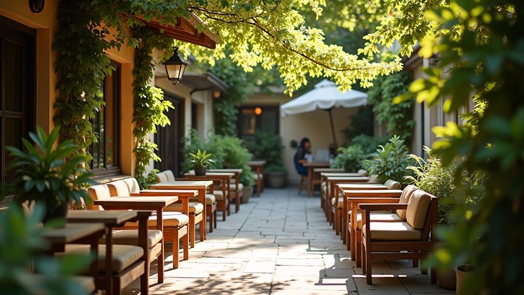 Garden terrace café with natural daylight and plants