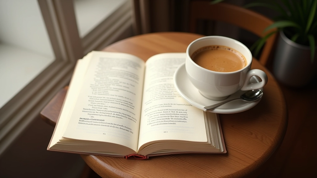 Peaceful bookshop café scene with open book on table, warm beverage, and soft natural light creating an inviting reading environment