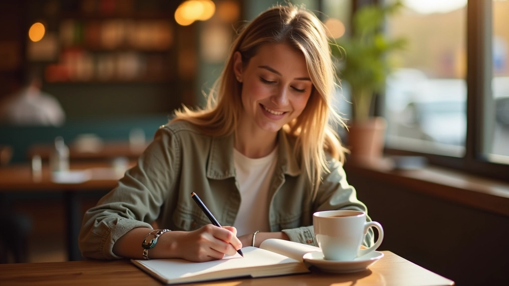 Person writing in journal at café table with coffee cup and notebook