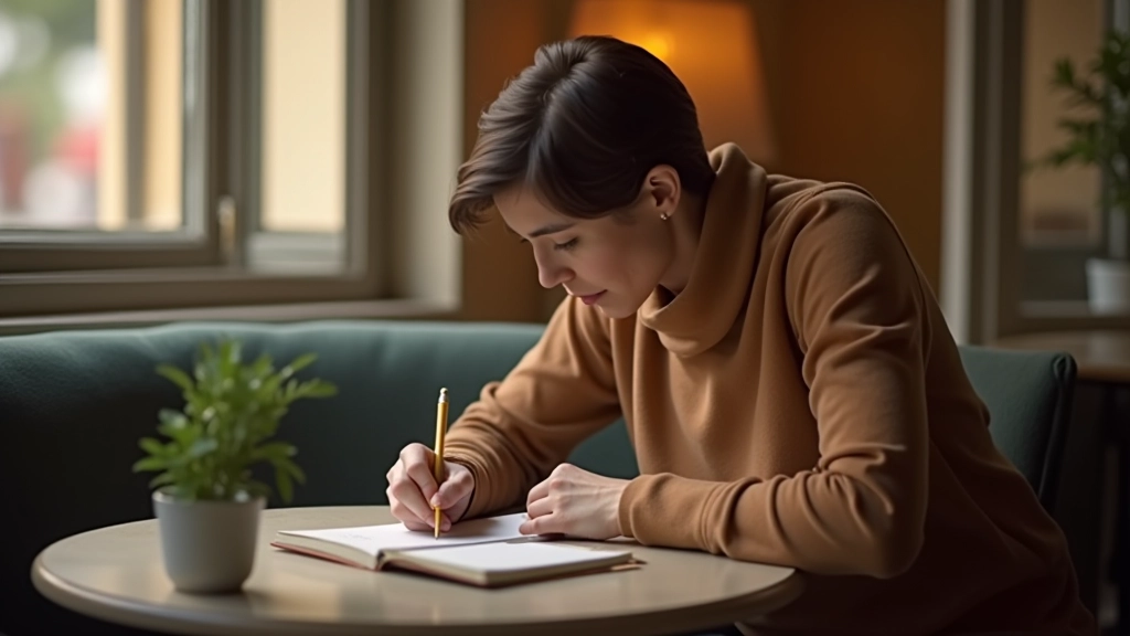 Person journaling in a café with good seating and lighting