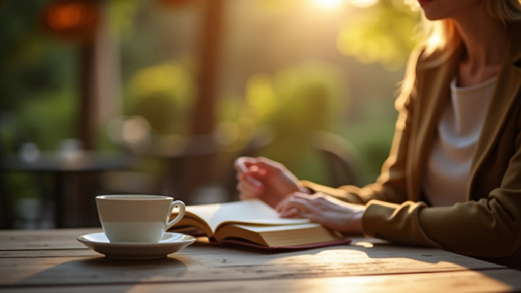 Someone peacefully reading at a café table with tea, embodying the leisure experience