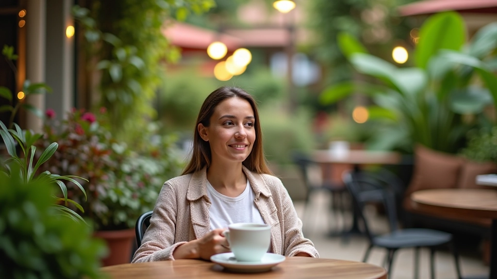 Person relaxing in a garden café terrace with plants, comfortable seating, and natural surroundings