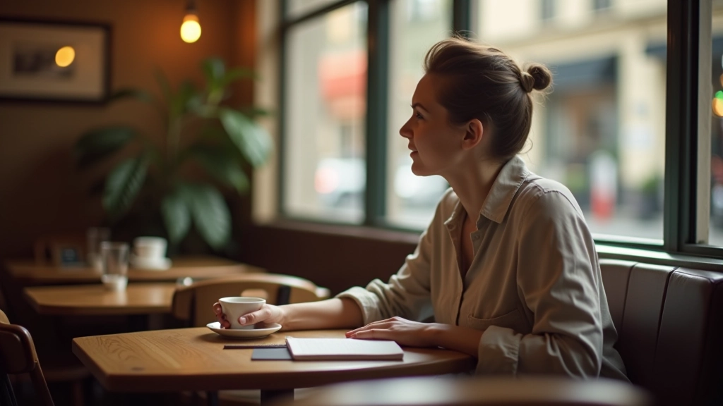 Person sitting alone at a café table with tea, notebook, and relaxed posture, gazing out at street view