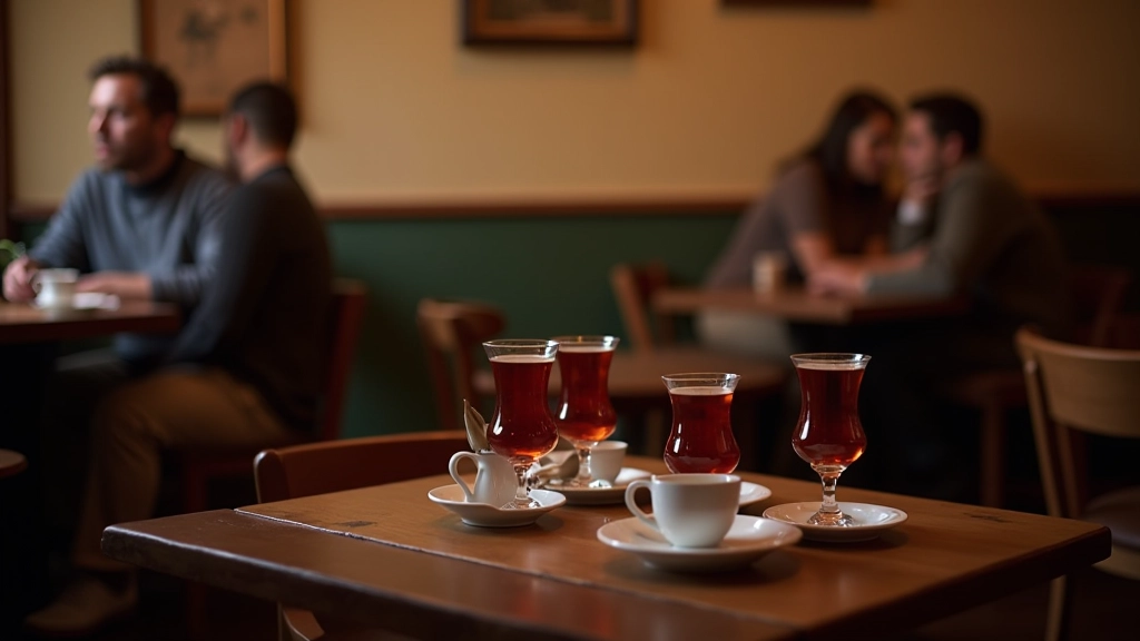 Turkish çay house with traditional tulip glasses and authentic ambiance