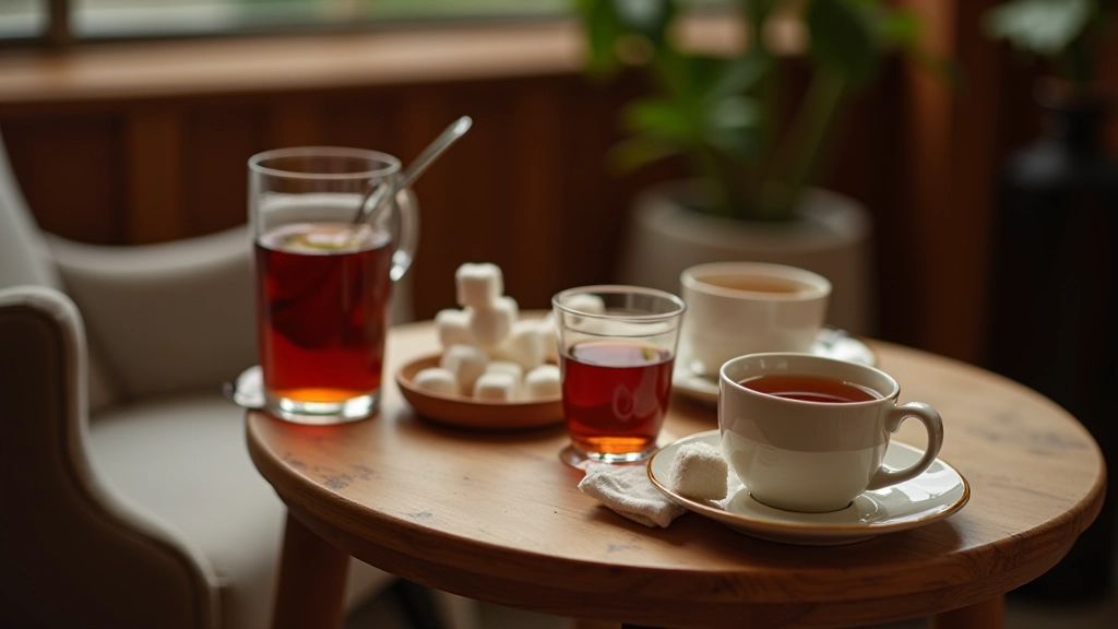 Traditional Turkish tea service with çay glasses, saucers, and sugar cubes on a small table