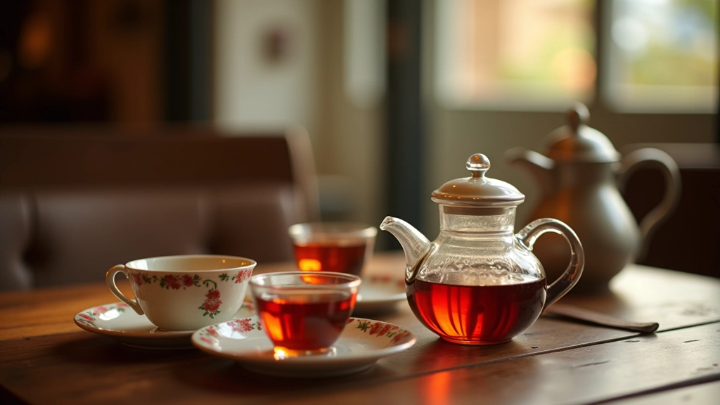 Traditional Turkish tea service with glass cups, saucers, and tea pot on wooden table with soft natural lighting in a cozy café setting