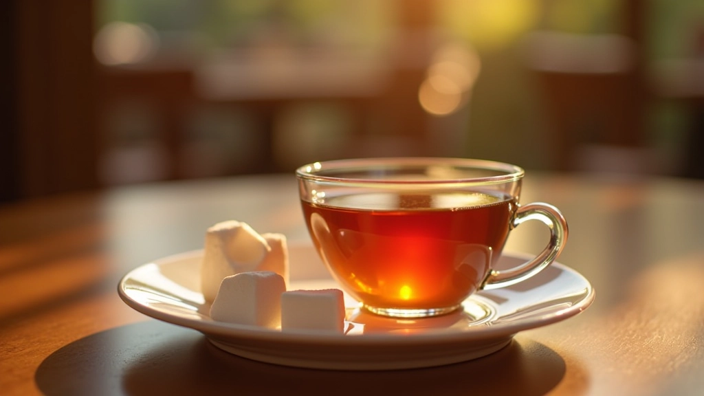 Turkish çay tea service with glasses and saucer, traditional setup, warm golden light from window
