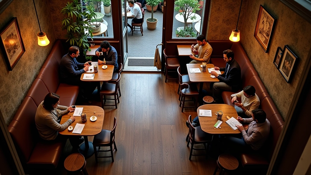 Aerial view of traditional Turkish café interior with multiple tables, customers reading and chatting, warm ambient lighting, comfortable seating