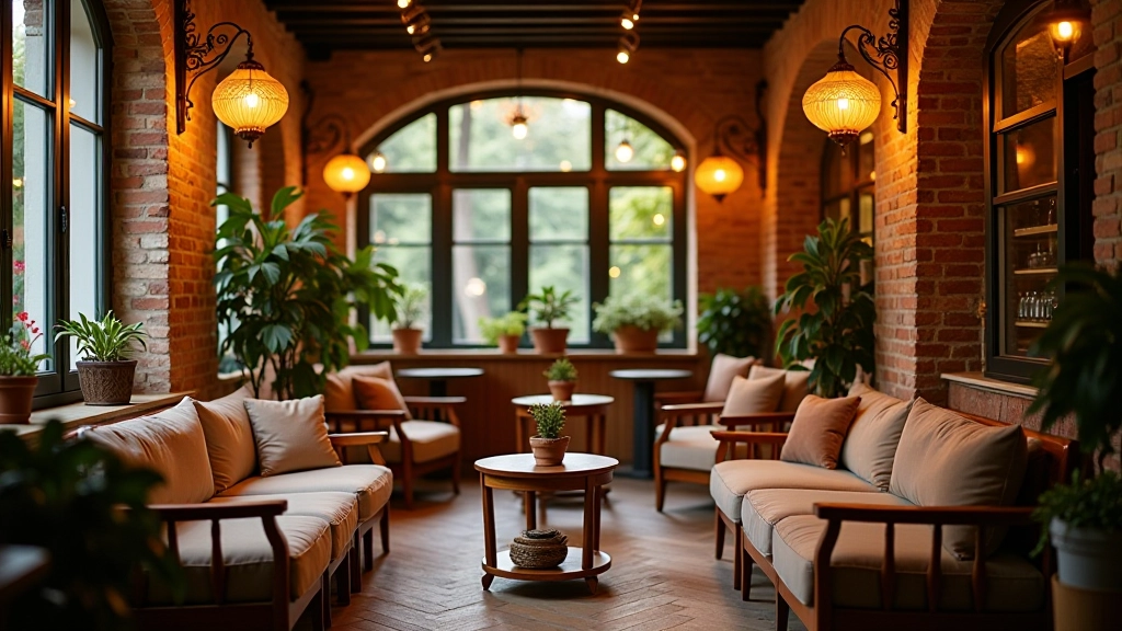 Warm cozy café interior with soft lighting and comfortable seating