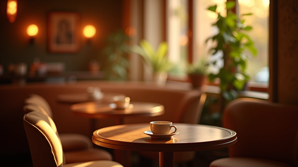 Cozy café atmosphere with warm lighting and comfortable seating
