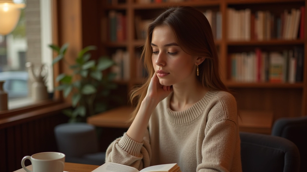 Person reading a book in a comfortable chair at a bookshop café with a cup of coffee nearby and shelves in soft focus behind them