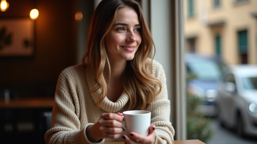 Woman sitting in café window seat, holding warm beverage, natural daylight streaming through glass